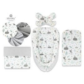 Set 4 in 1 Cosulet bebelus, MimiNu, Baby Cocoon 75x55 cm, Husa bumbac, Din bumbac certificat Oeko Tex Standard 100, Cu paturica 50x70 cm, Cu salteluta, Cu perna fluture, Forest friends Grey/Mint
