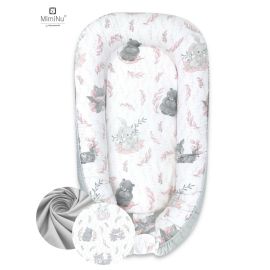 Cosulet bebelus, MimiNu, Pentru dormit, Cu doua fete, Baby Nest 105x66 cm, Husa 100% bumbac, Din bumbac certificat Oeko Tex Standard 100, Cu salteluta, Detasabila, Lulu Rose/Grey