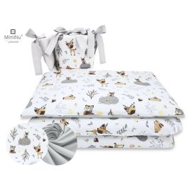 Lenjerie patut cu 3 piese, MimiNu, Pentru patut 120x60 cm, Cu protectie laterala, Din bumbac certificat Oeko Tex Standard 100, Forest friends Grey/Beige
