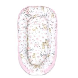 Cosulet bebelus, MimiNu, Pentru dormit, Cu doua fete, Baby Nest 105x66 cm, Husa 100% bumbac si catifea moale, Materiale certificate Oeko Tex Standard 100, Cu salteluta, Detasabila, Velvet Sweet Deer Pink