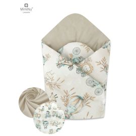 Paturica de infasat, MimiNu, Cu doua fete, Cu multiple utilizari, Cu inchidere arici velcro, Dimensiune 75x75 cm, Din bumbac certificat Oeko Tex Standard 100, Design, Zoo on Bikes Nugat/Beige