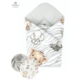 Paturica de infasat, MimiNu, Cu doua fete, Cu multiple utilizari, Cu inchidere arici velcro, Dimensiune 75x75 cm, Din bumbac certificat Oeko Tex Standard 100, Safari Natural