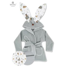 Halat de baie, MimiNu, Cu urechi, 6 - 24 luni, Moale, Cu buzunare, Cu cordon, Din bumbac si thermo fleece, Materiale certificate Oeko Tex Standard 100, Forest Friends Beige