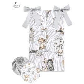 Organizator pentru patut, MimiNu, Din bumbac certificat Oeko Tex Standard 100, Cu 6 compartimente, Doua panglici, 70x40 cm, Safari Natural