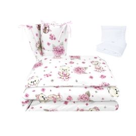 Lenjerie patut cu 5 piese, MimiNu, Pentru patut 120x60 cm, Cu volanase, Cu pilota si perna, Din bumbac certificat Oeko Tex Standard 100, Design, Pink Ballerina