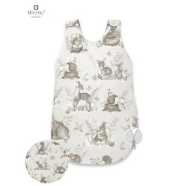 Sac de dormit, MimiNu, Pentru bebelusi, De iarna, Din bumbac certificat Oeko Tex Standard 100, Cu fermoar lateral, Cu capse pe umar, 70 cm, 0 - 6 luni, 2.5 Tog, Design, Calm Forest Beige