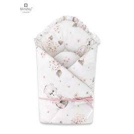 Paturica de infasat, MimiNu, Cu volanas si panglica, Cu multiple utilizari, Cu inchidere arici velcro, Dimensiune 75x75 cm, Din bumbac certificat Oeko Tex Standard 100, Design, Powdery Pink Ballerina