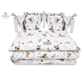 Lenjerie patut cu 4 piese, MimiNu, Pentru patut 120x60 cm, Cu doua protectii laterale, Din bumbac certificat Oeko Tex Standard 100, Forest Friends Beige