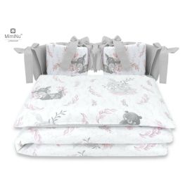 Lenjerie patut cu 4 piese, MimiNu, Pentru patut 120x60 cm, Cu doua protectii laterale, Din bumbac certificat Oeko Tex Standard 100, Lulu Rose