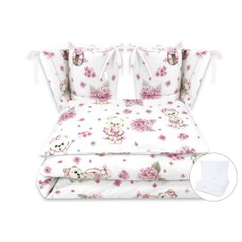 Lenjerie patut cu 6 piese, MimiNu, Pentru patut 120x60 cm, Cu volanase, Cu pilota si perna, Cu doua aparatori laterale, Din bumbac certificat Oeko Tex Standard 100, Design, Pink Ballerina