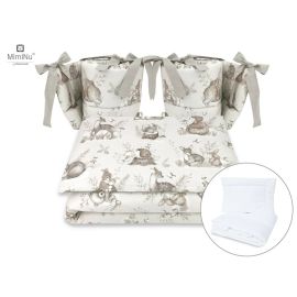 Lenjerie patut cu 6 piese, MimiNu, Pentru patut 120x60 cm, Cu pilota si perna, Cu doua aparatori laterale, Din bumbac certificat Oeko Tex Standard 100, Design, Calm Forest Beige