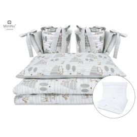 Lenjerie patut cu 6 piese, MimiNu, Pentru patut 120x60 cm, Cu pilota si perna, Cu doua aparatori laterale, Din bumbac certificat Oeko Tex Standard 100, Forest