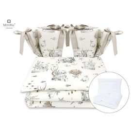 Lenjerie patut cu 6 piese, MimiNu, Pentru patut 120x60 cm, Cu pilota si perna, Cu doua aparatori laterale, Din bumbac certificat Oeko Tex Standard 100, Design, Seal Beige