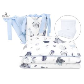 Lenjerie patut cu 5 piese, MimiNu, Pentru patut 120x60 cm, Cu pilota si perna, Din bumbac certificat Oeko Tex Standard 100, Baby Shower Blue