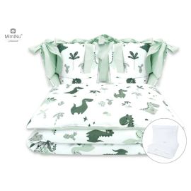 Lenjerie patut cu 6 piese, MimiNu, Pentru patut 120x60 cm, Cu pilota si perna, Cu doua aparatori laterale, Din bumbac certificat Oeko Tex Standard 100, Dino Mint