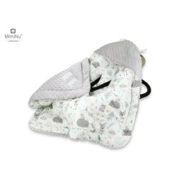 Paturica calduroasa de infasat, MimiNu, Pentru scoica, scaun auto/carucior, Cu gluga si urechi, Cu prindere pe baza de velcro, Dimensiune 90x90 cm, Din tesatura pufoasa Minky+Bumbac, Materiale certificate Oeko Tex Standard 100, Forest Friends Mint
