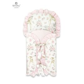 Sac de dormit, MimiNu, Multifunctional, Cu volanase si panglici, Din bumbac si tesatura pufoasa din catifea, Materiale certificate Oeko Tex Standard 100, Dimensiune 82 x 41 cm, Sweet Deer Pink