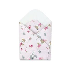 Paturica de infasat, Qmini, Cu doua fete, Cu multiple utilizari, Cu inchidere arici velcro, Dimensiune 75x75 cm, Din bumbac certificat Oeko Tex Standard 100, Fox and Rabbit, Pink