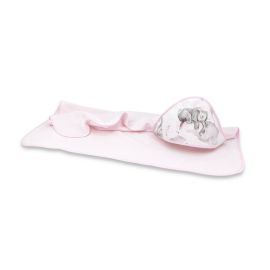 Prosop cu gluga, Qmini, Mare, Dimensiune 100x100 cm, Din bumbac si thermo fleece, Materiale certificate Oeko Tex Standard 100, Elephants on Rainbow Pink