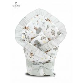 Paturica de infasat, MimiNu, Multifunctionala, Cu volanase, Cu inchidere cu panglica si arici velcro, Dimensiune 75x75 cm, Din bumbac certificat Oeko Tex Standard 100, Forest Friends Beige/Gray