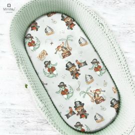 Cearceaf cu elastic, MimiNu, Pentru landou, carucior si cosulet, Dimensiune 80x35 cm, Din bumbac certificat Oeko Tex Standard 100, Design, Pirates Natural