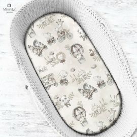Cearceaf cu elastic, MimiNu, Pentru landou, carucior si cosulet, Dimensiune 80x35 cm, Din bumbac certificat Oeko Tex Standard 100, Design, Zoo on Bikes Beige