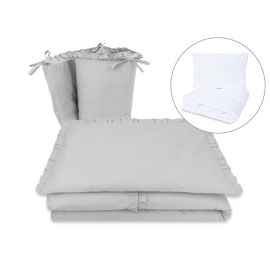 Lenjerie patut cu 5 piese, MimiNu, Pentru patut 120x60 cm, Cu volanase, Cu pilota si perna, Din bumbac certificat Oeko Tex Standard 100, Colectia Royal, Grey