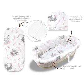 Set pentru landou/cosulet, MimiNu, Cu protectie, saltea si pernuta, Din bumbac certificat Oeko Tex Standard 100, Lulu Rose