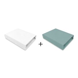 Set 2 cearceafuri cu elastic, Qmini, Pentru patut leagan sau patut co-sleeper, 90x40 cm, Din bumbac, Material certificat Oeko Tex Standard 100, White and Dark Mint