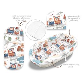 Set pentru landou/cosulet, MimiNu, Cu protectie, saltea si pernuta, Din bumbac certificat Oeko Tex Standard 100, Design, Zoo in train