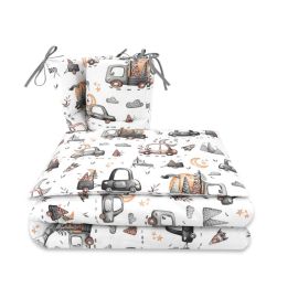 Lenjerie patut cu 3 piese, MimiNu, Pentru patut 120x60 cm, Cu protectie laterala, Din bumbac certificat Oeko Tex Standard 100, Design, Cars Grey