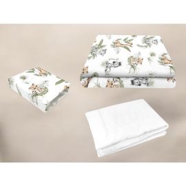 Lenjerie patut cu 3 piese, Qmini, Cu cearceaf 120x60 cm, Din bumbac certificat Oeko Tex Standard 100, Cu pilota si husa pilota, 135x100 cm, Safari
