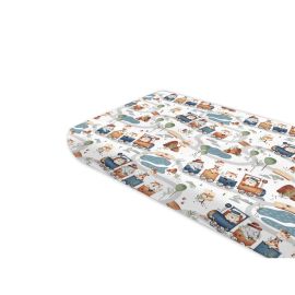 Cearceaf cu elastic, MimiNu, Pentru pat 160x80 cm, Din bumbac certificat Oeko Tex Standard 100, Design, Zoo in train