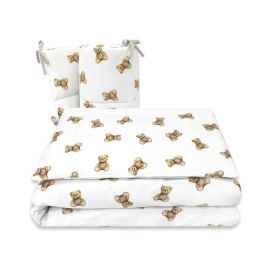 Lenjerie patut 3 piese, Qmini, Pentru patut 120x60 cm, Cu protectie laterala, Din bumbac certificat Oeko Tex Standard 100, Teddy Toys