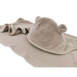 Prosop cu gluga, Qmini, Mare, Cu broderie si urechi, Dimensiune 100x100 cm, Din tricot termo-terry din bambus, Materiale certificate Oeko Tex Standard 100, Teddy Bear Mocha