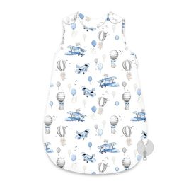 Sac de dormit, MimiNu, Pentru bebelusi, De iarna, Din bumbac certificat Oeko Tex Standard 100, Cu fermoar lateral, Cu capse pe umar, 74 cm, 0 - 6 luni, 2.5 Tog, Blue Plane