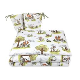 Lenjerie patut 3 piese, Qmini, Pentru patut 120x60 cm, Cu protectie laterala, Din bumbac certificat Oeko Tex Standard 100, Fox on bikes Natural