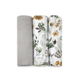 Set 3 museline, MimiNu, Multifunctionale, Din bumbac certificat Oeko Tex Standard 100, 75x75 cm, Botanica si Grey