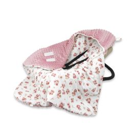 Paturica calduroasa, MimiNu, Pentru scoica, scaun auto/carucior, Cu gluga si urechi, Dimensiune 90x90 cm, Din Minky + Bumbac, Materiale certificate Oeko Tex Standard 100, Design, Ducklings Powdery Pink