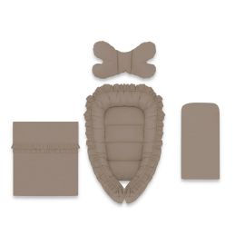 Set 4 in 1 Cosulet bebelus, MimiNu, Baby Cocoon 75x55 cm, Cu volanase, Husa bumbac, Din bumbac certificat Oeko Tex Standard 100, Cu paturica cu volanase 50x70 cm, Cu salteluta, Cu perna fluture, Colectia Royal, Mocha