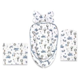 Set 4 in 1 Cosulet bebelus, MimiNu, Baby Cocoon 75x55 cm, Husa bumbac, Din bumbac certificat Oeko Tex Standard 100, Cu paturica 50x70 cm, Cu salteluta, Cu perna fluture, Blue Plane