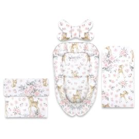 Set 4 in 1 Cosulet bebelus, MimiNu, Baby Cocoon 75x55 cm, Husa bumbac, Din bumbac certificat Oeko Tex Standard 100, Cu paturica 50x70 cm, Cu salteluta, Cu perna fluture, Sweet Deer Pink