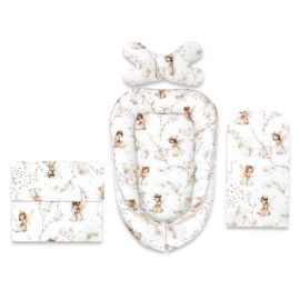Set 4 in 1 Cosulet bebelus, MimiNu, Baby Cocoon 75x55 cm, Husa bumbac, Din bumbac certificat Oeko Tex Standard 100, Cu paturica 50x70 cm, Cu salteluta, Cu perna fluture, Fairy