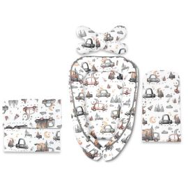Set 4 in 1 Cosulet bebelus, MimiNu, Baby Cocoon 75x55 cm, Husa bumbac, Din bumbac certificat Oeko Tex Standard 100, Cu paturica 50x70 cm, Cu salteluta, Cu perna fluture, Design, Cars Grey
