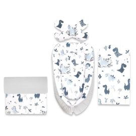 Set 4 in 1 Cosulet bebelus, MimiNu, Baby Cocoon 75x55 cm, Husa bumbac, Din bumbac certificat Oeko Tex Standard 100, Cu paturica 50x70 cm, Cu salteluta, Cu perna fluture, Dino Granat