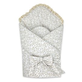Paturica de infasat, MimiNu, Premium, Cu volanase si dantela, Cu multiple utilizari, Cu inchidere cu panglica, Dimensiune 75x75 cm, Din bumbac certificat Oeko Tex Standard 100, Meadow