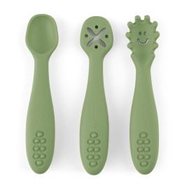 Set 3 lingurite, Petite&Mars, Take&Match, Din silicon, Diverse forme, Pentru supa, paste, alimente usoare, Dezvolta simturile si abilitatile senzoriale, Adecvate pentru masina de spalat vase, Fara BPA, 6 luni+, Sweet Pea, Verde