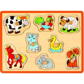 Puzzle, Joueco, Din lemn certificat FSC, 30 x 27 cm, 18 luni+, 8 piese, Animale domestice