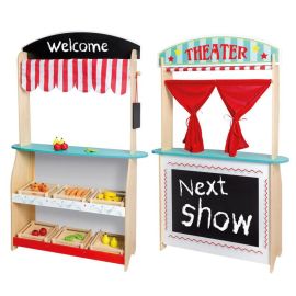 Jucarie, Joueco, Din lemn certificat FSC, 2 in 1, Teatru si magazin, Cu accesorii, 110 x 68.5 x 23 cm, 3 ani+, Multicolor