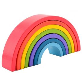 Jucarie pentru stivuire, Joueco, Din lemn certificat FSC, Curcubeu, 27x13.5 cm, 12 luni+, 7 piese, Multicolor